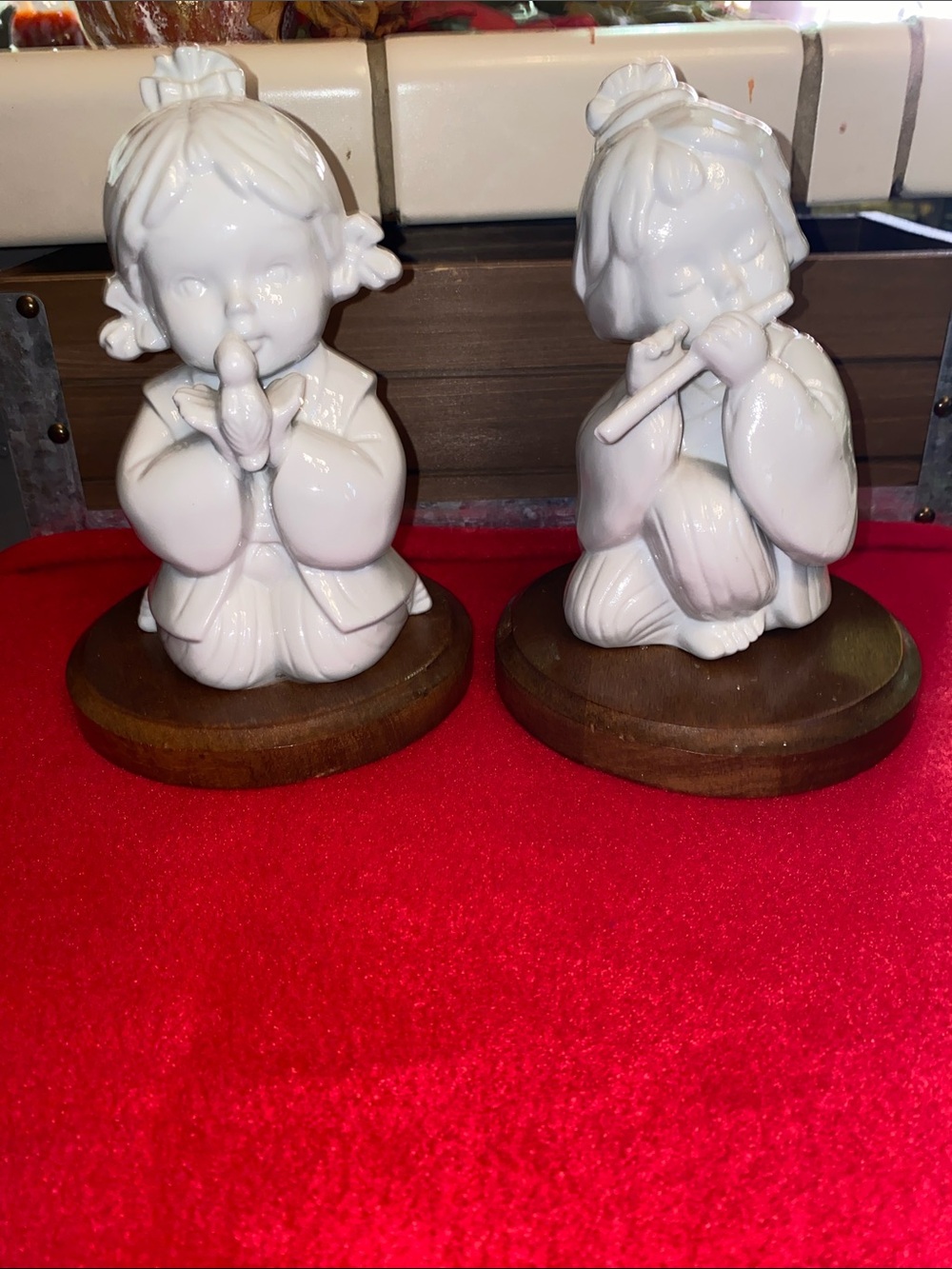 Vintage Enesco White Porcelain Children Figurine Pair on Wood Bases
